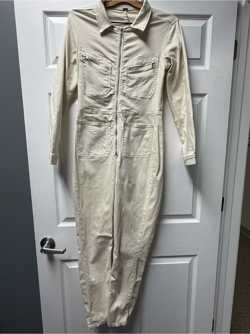 Free People Lennox Denim Cream Zip-Front Slim Utility Jumpsuit - Picture 3 of 9